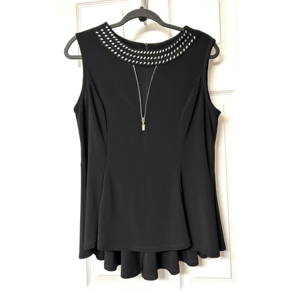 Like New Joseph Ribkoff Black Top Peplum Hem Silver Embellished Neckline Size 12 - Picture 6 of 15